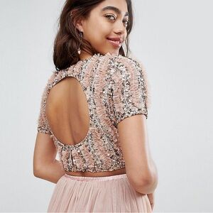 Lace & Beads Elegant Pink Sequin Women's Top